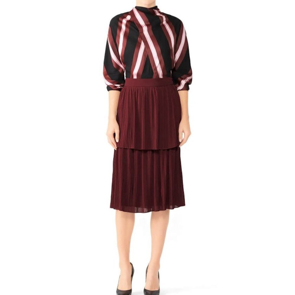 FAME & PARTNERS Maroon Red Chiffon Pleated Tiered Midi ROMAN Skirt Size 12